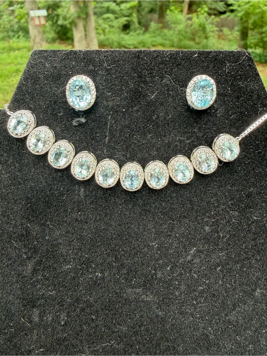 Jewelry - White and Blue Topaz Rhodium over 925 SS Earrings&Bracelet Set